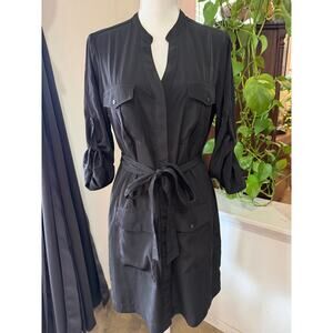 Express Black Cargo w/pockets Utility Shirt Dress Belted Roll Tab Sleeves MED